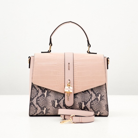 ALDO NUDE WITH SNAKE PRINT PADLOCK DETAIL SATCHEL BAG S/S NWOT - Picture 1 of 10